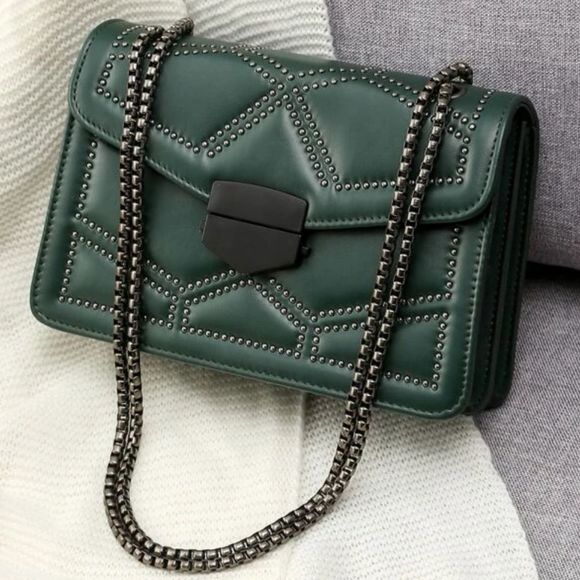 New Rocker Green Vegan Leather Studs Handbag Purse Inspired Trending - Picture 2 of 9
